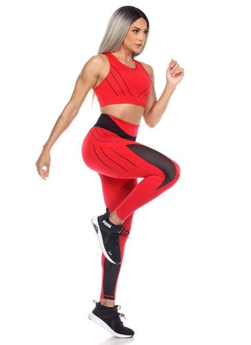 Cut Out Mesh Sports Bra & Leggings Set in Raging Red